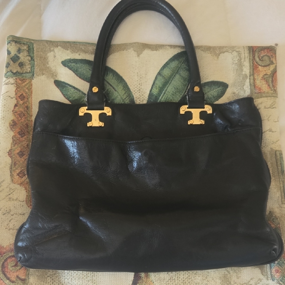 Tory Burch Black Leather Tote with Gold Accents - Picture 3 of 4